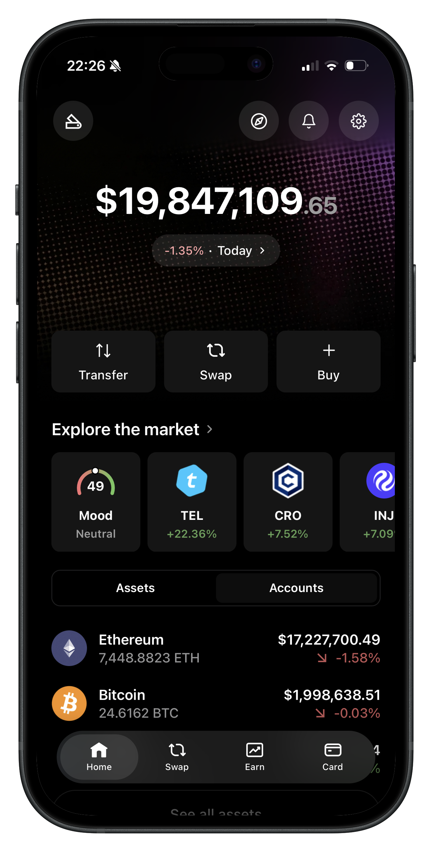 Larpz Wallet Ledger skin running on a smartphone showing a custom crypto portfolio