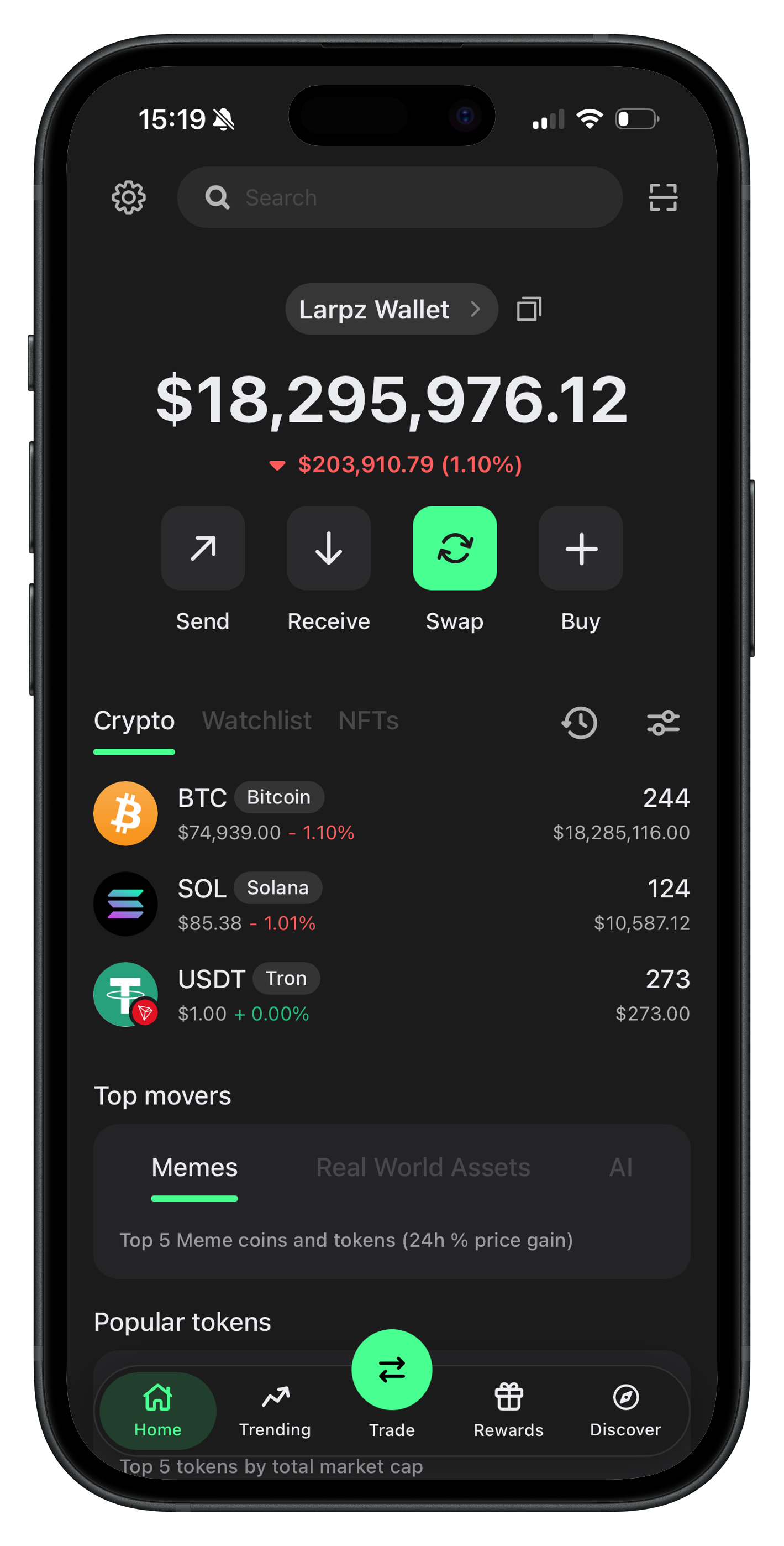 Larpz Wallet Trust Wallet skin running on a smartphone showing a custom crypto portfolio