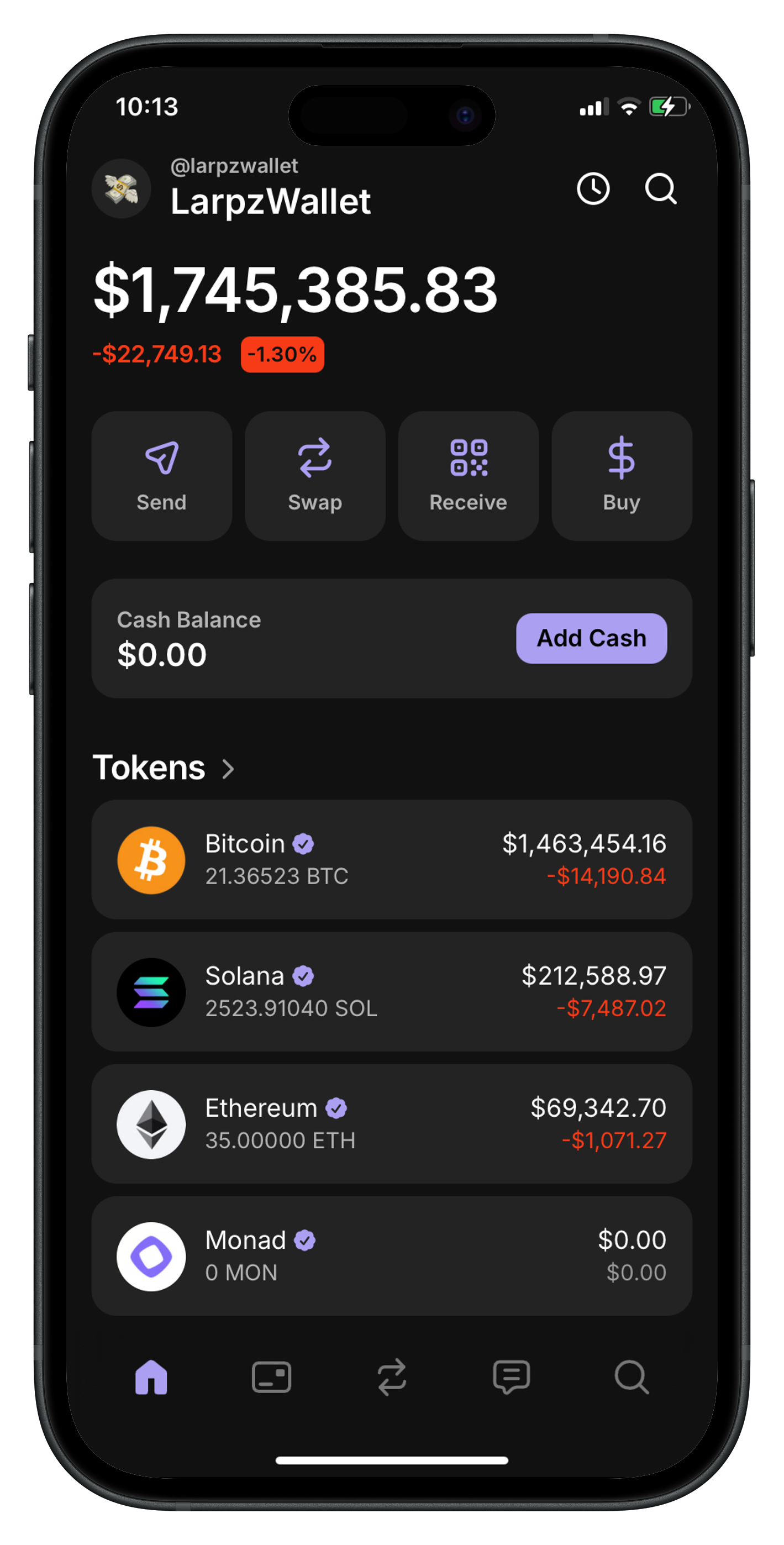 Larpz Wallet Phantom skin running on a smartphone showing a custom crypto portfolio